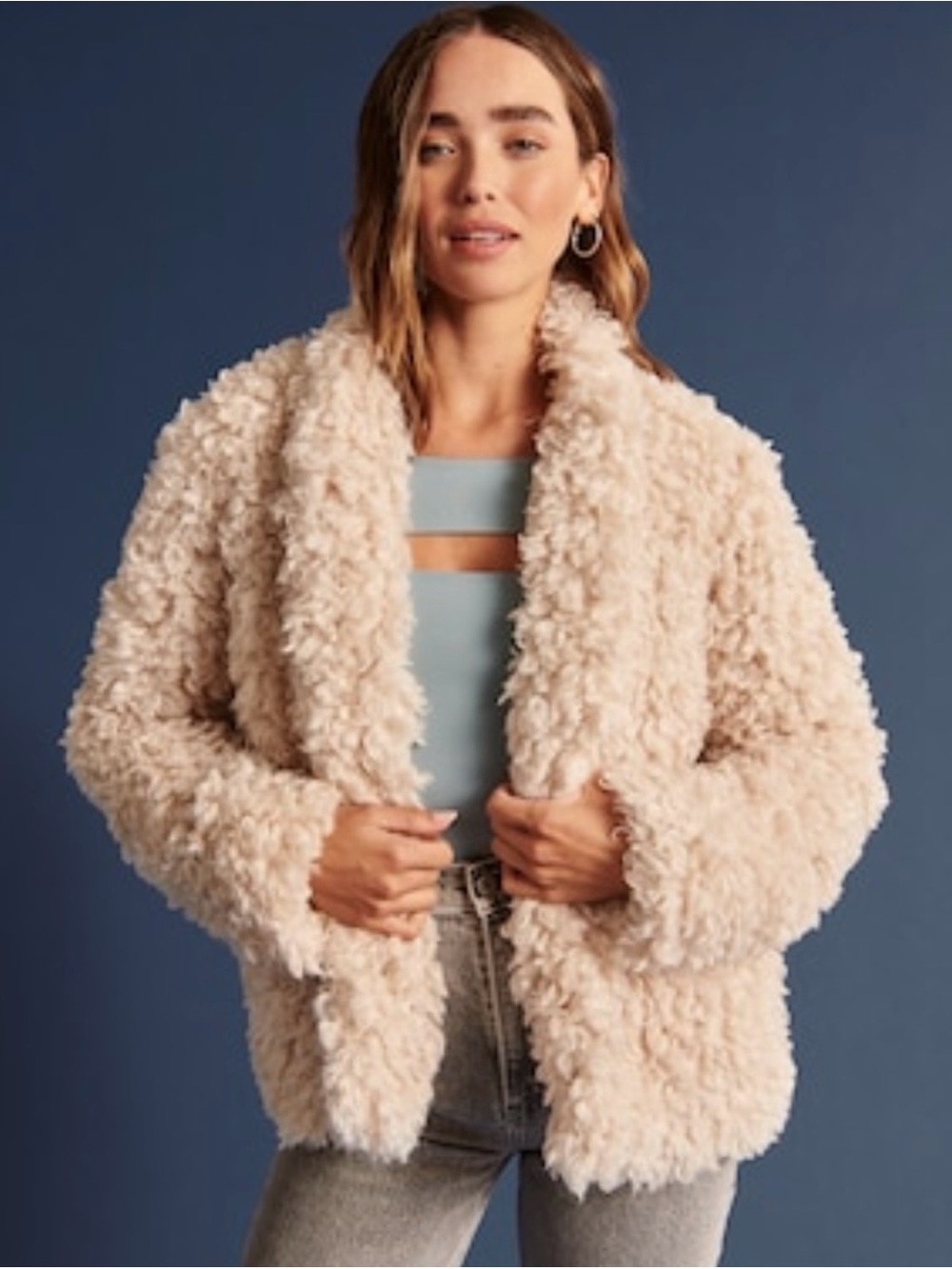 Abercrombie & Fitch Beige Curly Faux Fur Teddy Coat